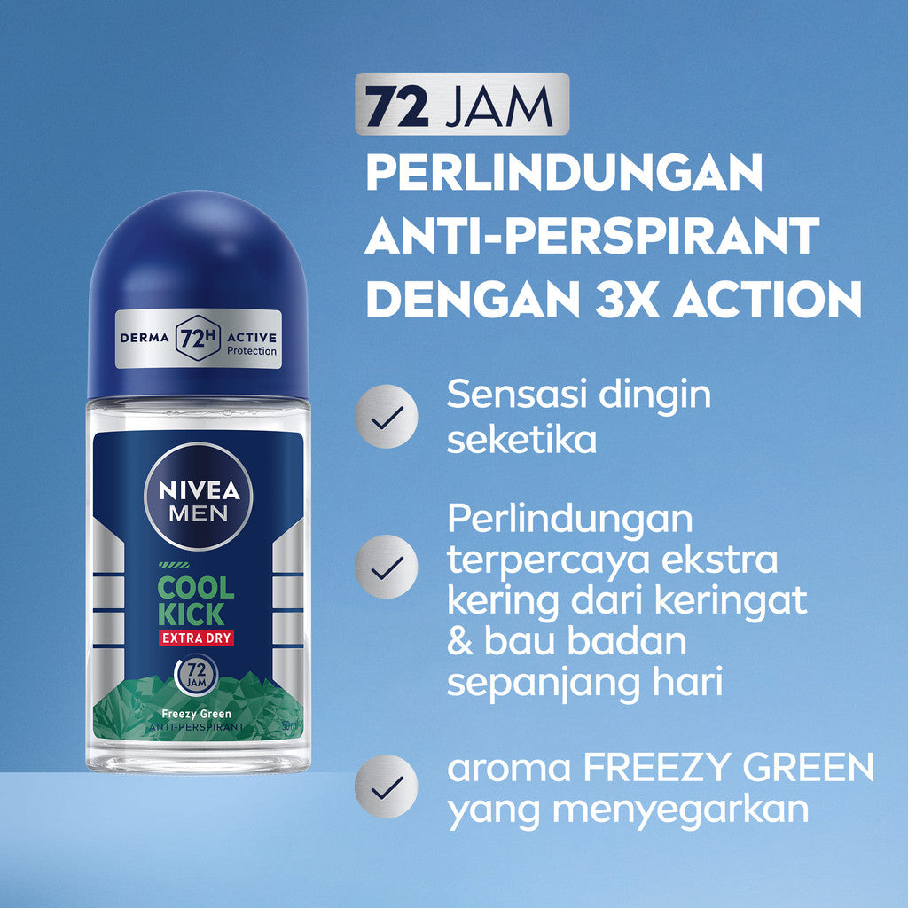 NIVEA MEN Deodorant Roll On Cool Kick Freezy Green 50ml - Deodoran pria perlindungan ekstra kering dari keringat bau badan dengan sensasi dingin menthol wangi maskulin - Antiperspiran, tidak mengandung ethyl alkohol cocok untuk semua jenis kulit
