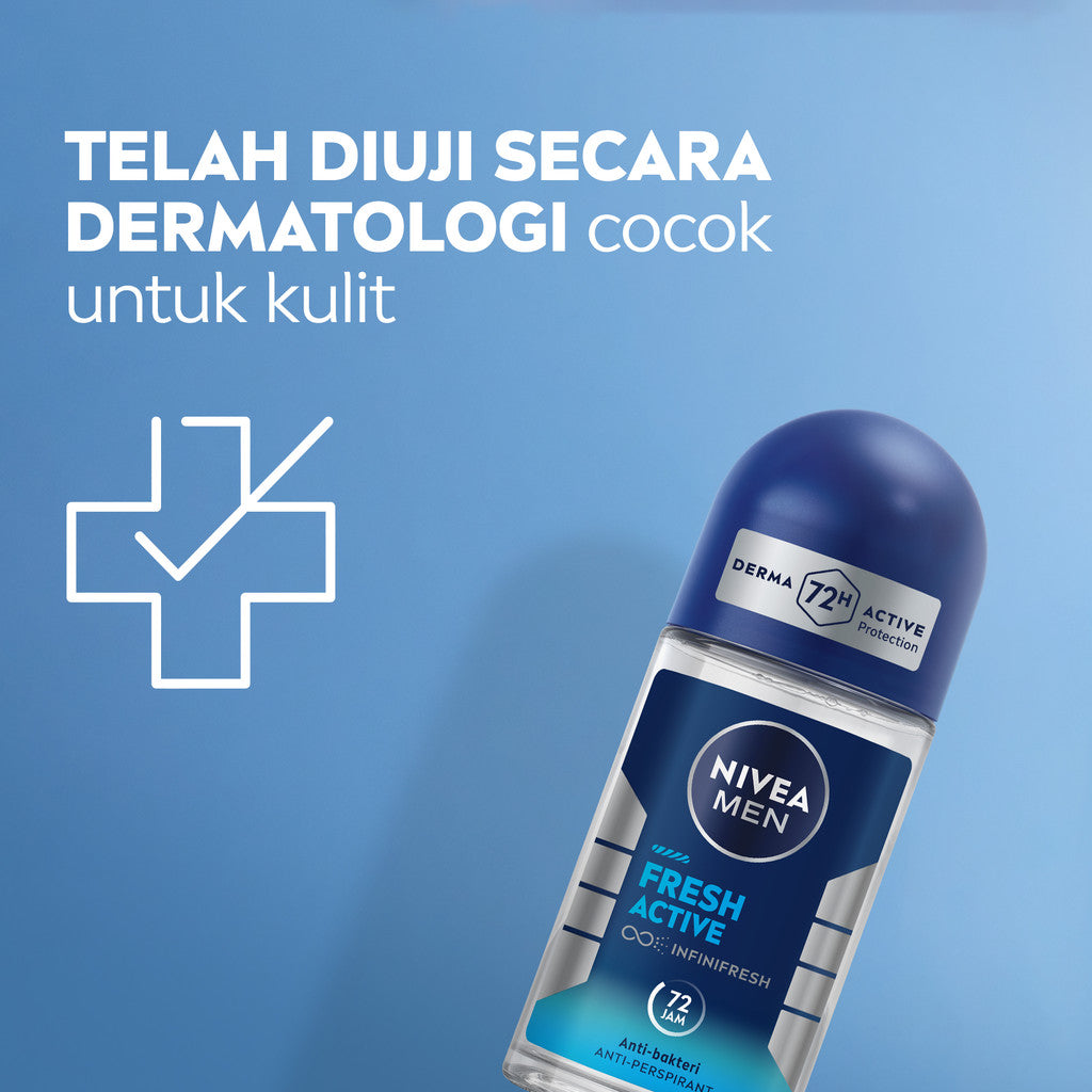 NIVEA MEN Deodorant Roll On Fresh Active 50ml - Deodoran pria anti bakteri antiperspirant anti noda baju wangi segar ketiak kering tahan lama seharian tahan keringat anti bau - Antiperspiran, tidak mengandung ethyl alkohol
