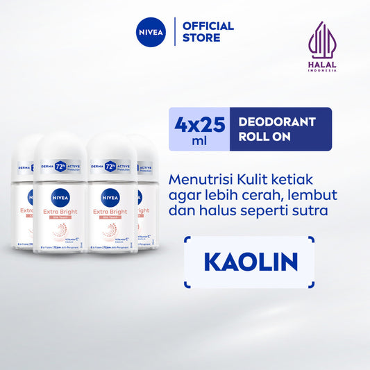 (PAKET HEMAT ISI 4) NIVEA Deodorant Roll On Brightening Silk Touch 25ml - Deodoran wanita mencerahkan brightening menutrisi kulit ketiak halus lembut dan cerah dengan wangi segar seharian - Vitamin C, Kaolin, 0% alkohol cocok untuk semua jenis kulit