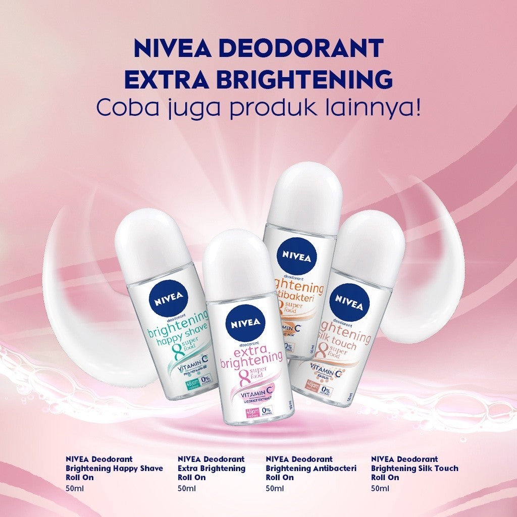 (PAKET HEMAT ISI 4) NIVEA Deodorant Roll On Brightening Silk Touch 25ml - Deodoran wanita mencerahkan brightening menutrisi kulit ketiak halus lembut dan cerah dengan wangi segar seharian - Vitamin C, Kaolin, 0% alkohol cocok untuk semua jenis kulit