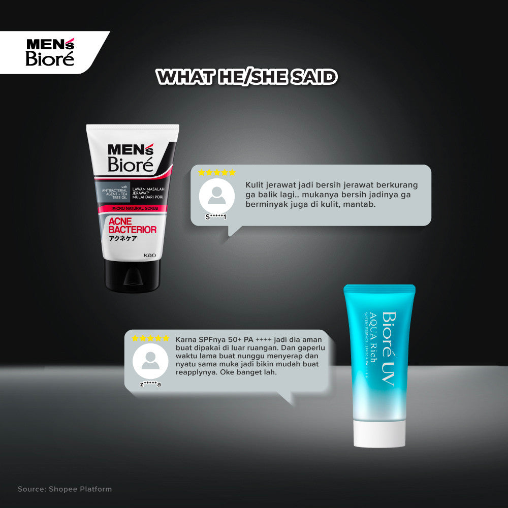[Double Protection Kit] Men's Biore Double Scrub Sabun Muka Pria Acne Bacterior 100 gr+ UV Aqua Rich Sunscreen Watery Essence 15 gr