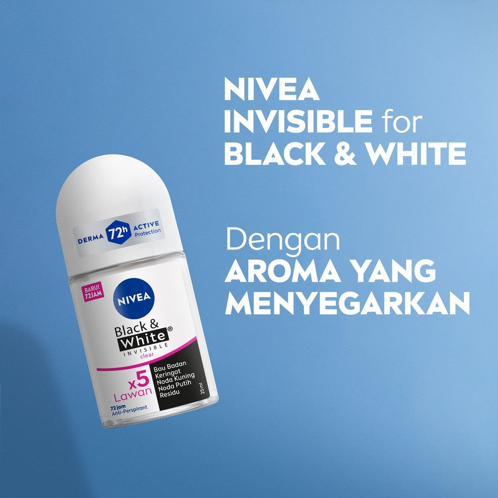 (PAKET HEMAT ISI 4) NIVEA Deodorant Roll On Black & White Invisible Original 25ml - Deodoran wanita melawan bau badan tahan keringat anti noda residu dengan wangi tahan lama seharian - Antiperspiran, tidak mengandung ethyl alkohol cocok semua jenis kulit