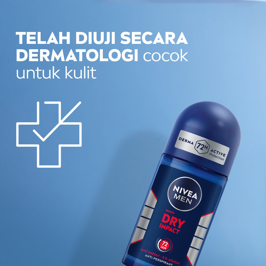 (PAKET HEMAT ISI 3) NIVEA MEN Deodorant Roll On Dry Impact 50ml - Deodoran pria anti bakteri antiperspirant anti noda baju wangi segar ketiak kering tahan lama seharian tahan keringat anti bau - Antiperspiran, tidak mengandung ethyl alkohol