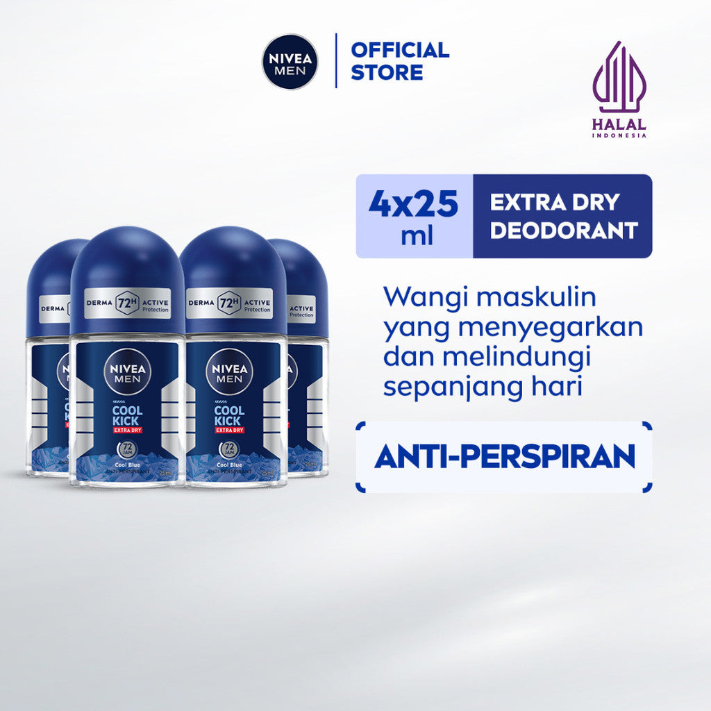 (PAKET HEMAT ISI 4) NIVEA MEN Deodorant Roll On Cool Kick 25ml - Deodoran pria perlindungan ekstra kering dari keringat bau badan dan sensasi dingin dan wangi sporty seharian - Antiperspiran, tidak mengandung ethyl alkohol cocok semua jenis kulit