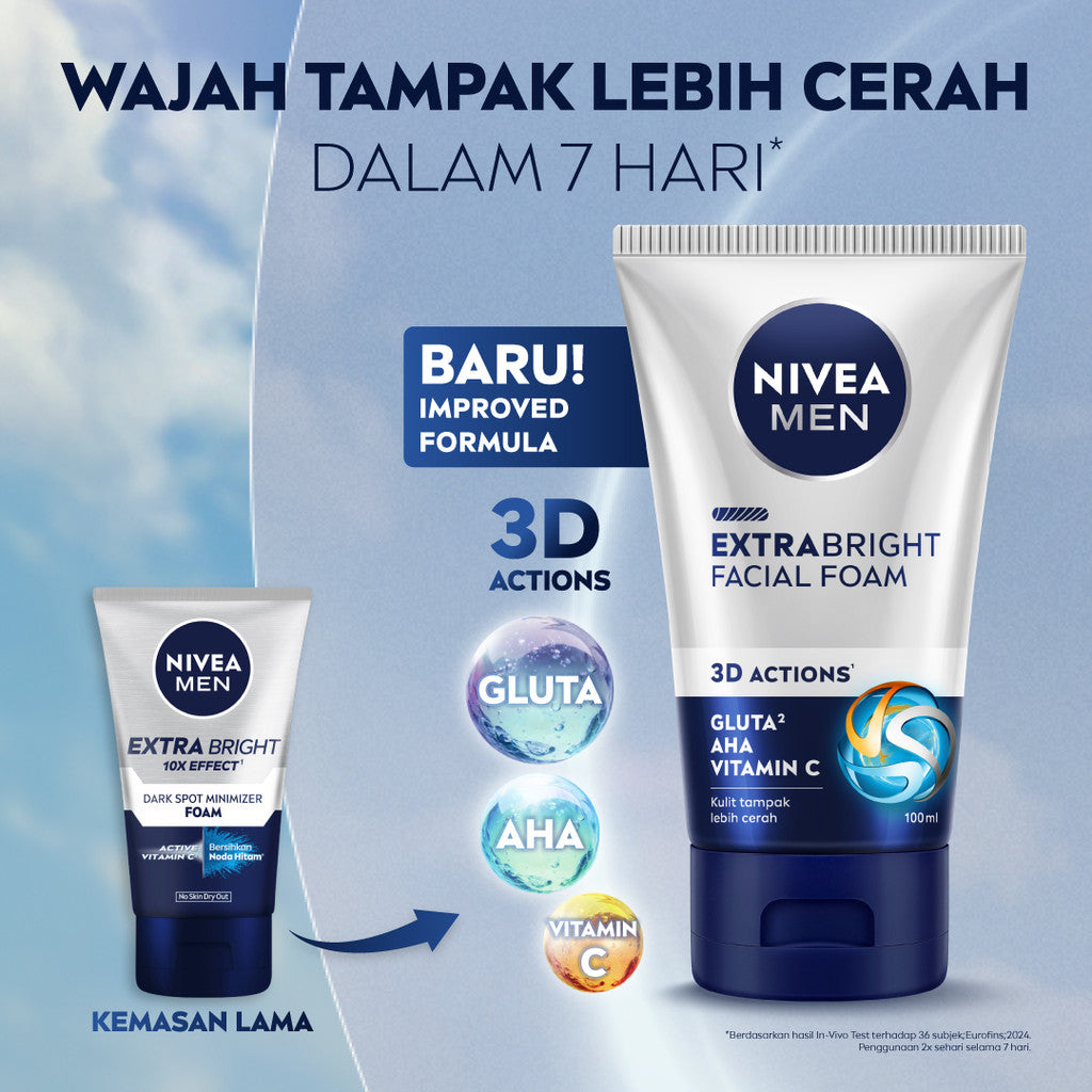 (PAKET HEMAT ISI 3) NIVEA MEN Facial Foam Extra Bright Facial Foam 100ml - Sabun cuci muka pria mencerahkan bintik hitam brightening kulit kusam facial wash wajah cerah membersihkan pori pori terdalam polusi debu kotoran - Glutathione, AHA, Vitamin C
