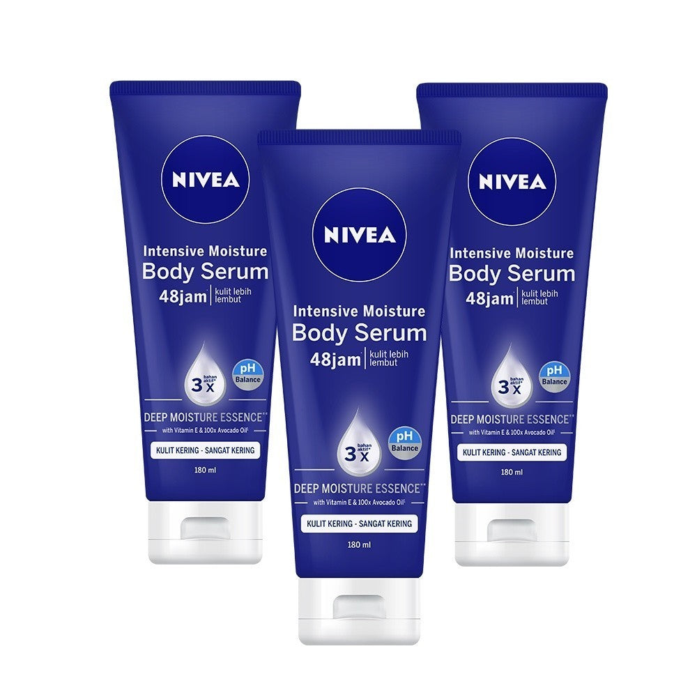 (PAKET HEMAT ISI 3) NIVEA Body Serum Intensive Moisture 180ml - Hand body serum lotion mositurizer 48 jam body care kulit kering kasar bersisik pecah-pecah memperbaiki skin barrier pelembab kulit lembut - Vitamin E, Grapeseed oil, Avocado oil, Hydra IQ
