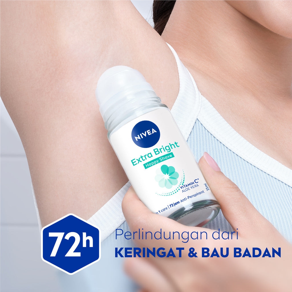 NIVEA Deodorant Roll On Brightening Happy Shave 25ml - Deodoran wanita mencerahkan mencerahkan brightening ketiak halus mulus mengurangi iritasi setelah bercukur - Vitamin C, Pro-vitamin B5, Aloe vera, 0% alkohol cocok semua jenis kulit