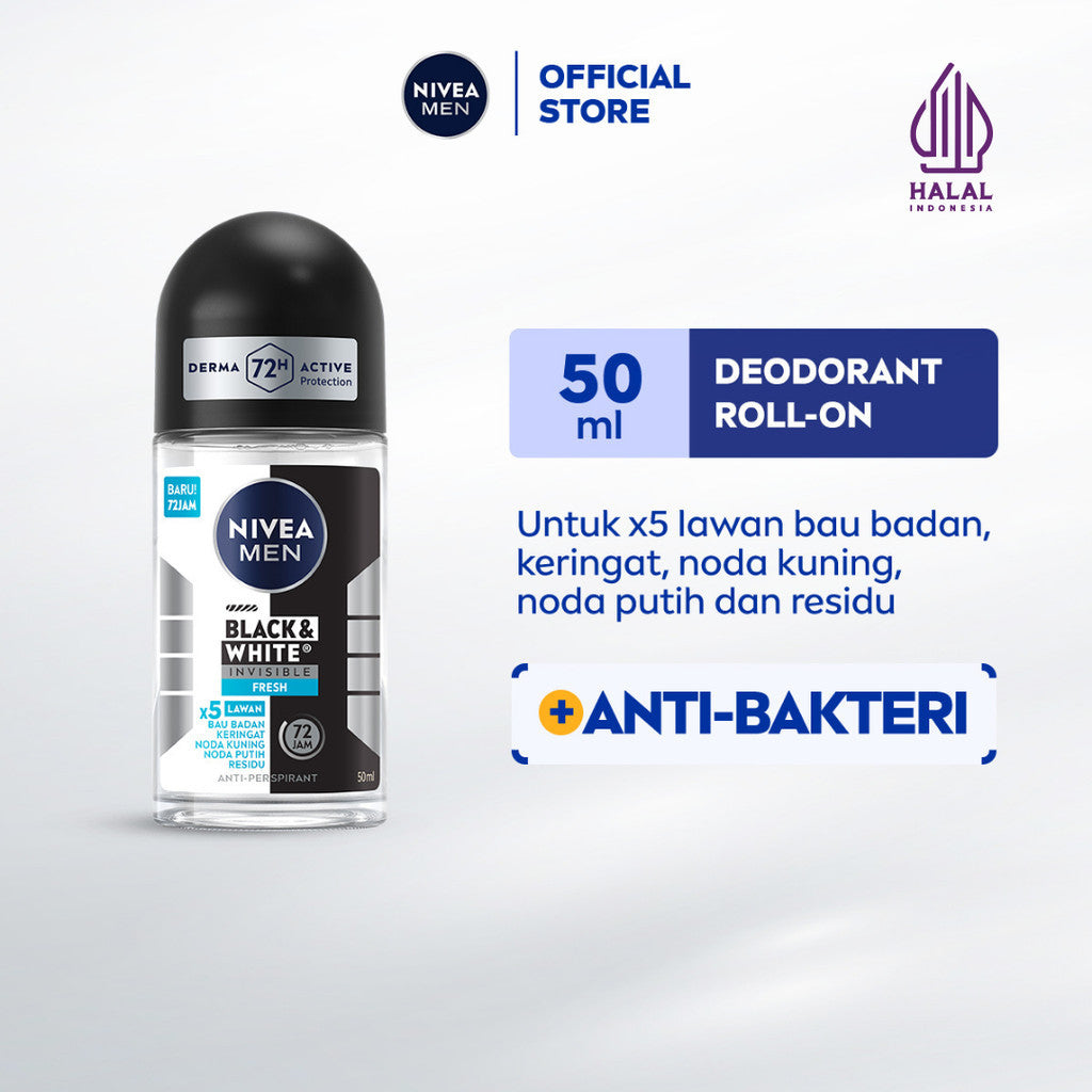 NIVEA MEN Deodorant Roll On Black & White Invisible Fresh 50ml - Deodoran pria melawan bakteri keringat bau badan dengan teknologi anti noda kuning putih dan residu wangi maskulin segar seharian - Antiperspiran, tidak mengandung ethyl alkohol