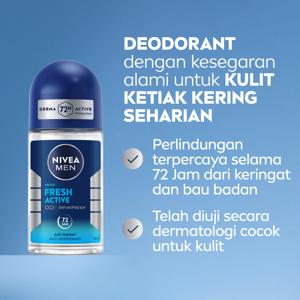 NIVEA MEN Deodorant Roll On Fresh Active 50ml - Deodoran pria anti bakteri antiperspirant anti noda baju wangi segar ketiak kering tahan lama seharian tahan keringat anti bau - Antiperspiran, tidak mengandung ethyl alkohol