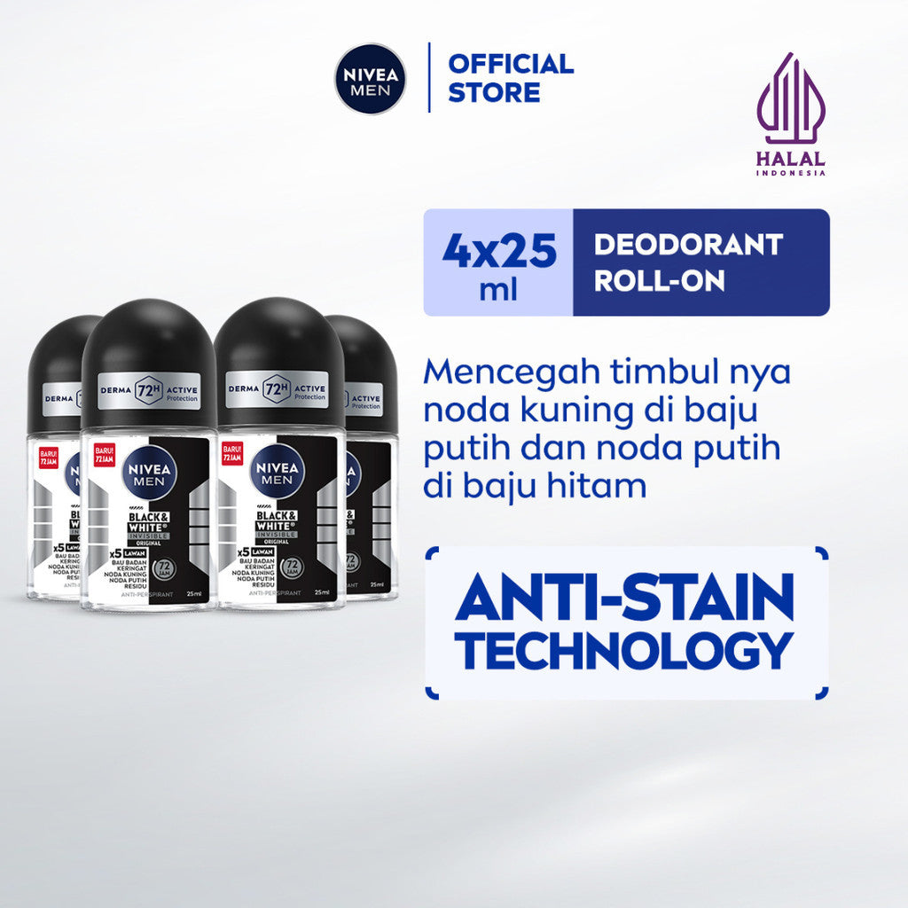 (PAKET HEMAT ISI 4) NIVEA MEN Deodorant Roll On Black & White Invisible Original 25ml - Deodoran pria melawan bakteri keringat bau badan teknologi anti noda kuning putih dan residu wangi segar 72 jam - Antiperspiran, tidak mengandung ethyl alkohol