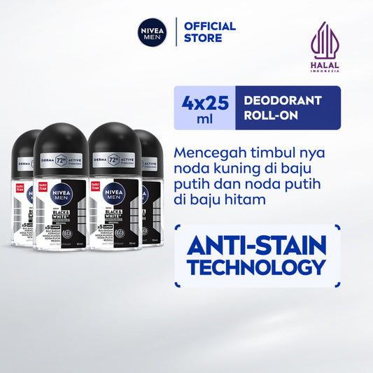 (PAKET HEMAT ISI 4) NIVEA MEN Deodorant Roll On Black & White Invisible Original 25ml - Deodoran pria melawan bakteri keringat bau badan teknologi anti noda kuning putih dan residu wangi segar 72 jam - Antiperspiran, tidak mengandung ethyl alkohol