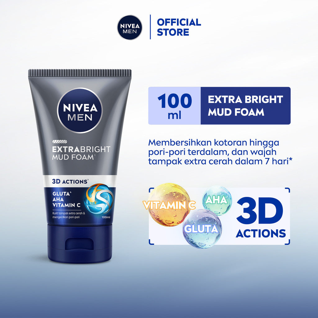 NIVEA MEN Mud Foam Extra Bright Mud Foam 100ml - Sabun cuci muka pria mencerahkan bintik hitam brightening kulit kusam cleanser facial wash pembersih wajah cerah membersihkan pori pori terdalam polusi debu kotoran - Glutathione, AHA, Vitamin C