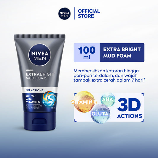 NIVEA MEN Mud Foam Extra Bright Mud Foam 100ml - Sabun cuci muka pria mencerahkan bintik hitam brightening kulit kusam cleanser facial wash pembersih wajah cerah membersihkan pori pori terdalam polusi debu kotoran - Glutathione, AHA, Vitamin C