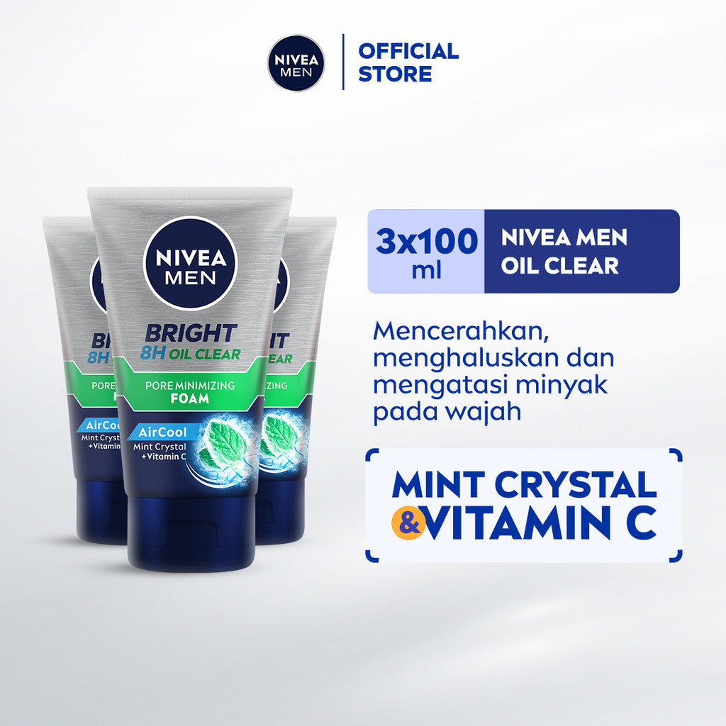 (PAKET HEMAT ISI 3) NIVEA MEN Facial Foam Bright Oil Clear Pore Minimizing Foam 100ml - Sabun cuci muka pria mencerahkan minyak berlebih berminyak kulit kusam pembersih wajah cerah mengecilkan pori komedo polusi debu kotoran - Vitamin C, Mint Crystal
