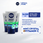 (PAKET HEMAT ISI 3) NIVEA MEN Facial Foam Bright Oil Clear Pore Minimizing Foam 100ml - Sabun cuci muka pria mencerahkan minyak berlebih berminyak kulit kusam pembersih wajah cerah mengecilkan pori komedo polusi debu kotoran - Vitamin C, Mint Crystal