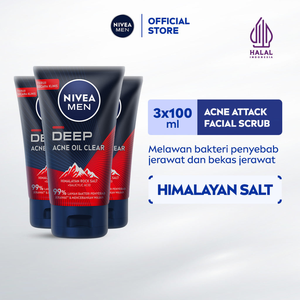 (PAKET HEMAT ISI 3) NIVEA MEN Facial Foam Deep Acne Oil Clear Face Scrub 100ml - Sabun cuci muka pria wajah membersihkan bakteri penyebab jerawat komedo kontrol kulit berminyak mengecilkan pori dan angkat sel kulit mati - Himalayan Salt, Salicylic Acid