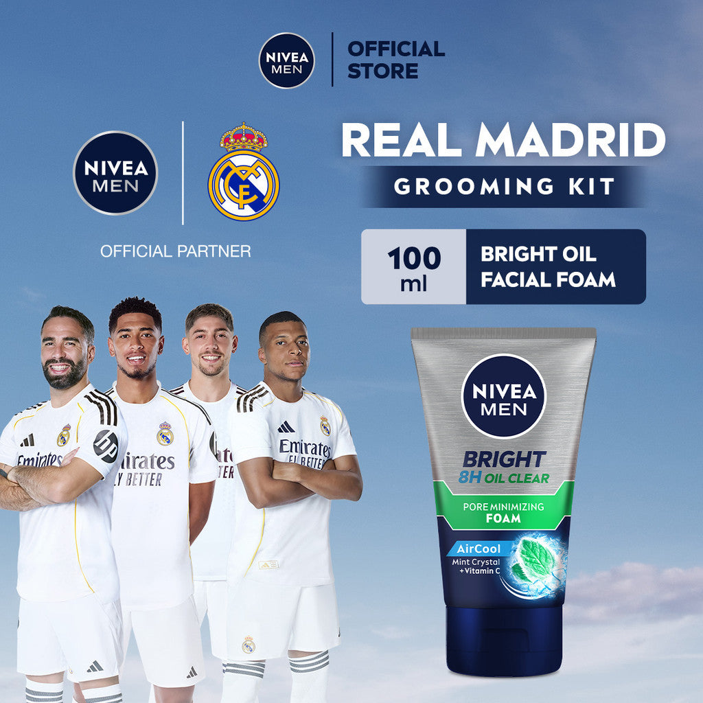 NIVEA MEN Facial Foam Bright Oil Clear Pore Minimizing Foam 100ml - Sabun cuci muka pria mencerahkan minyak berlebih berminyak kulit kusam facial wash pembersih wajah cerah mengecilkan pori komedo polusi debu kotoran - Vitamin C, Mint Crystal