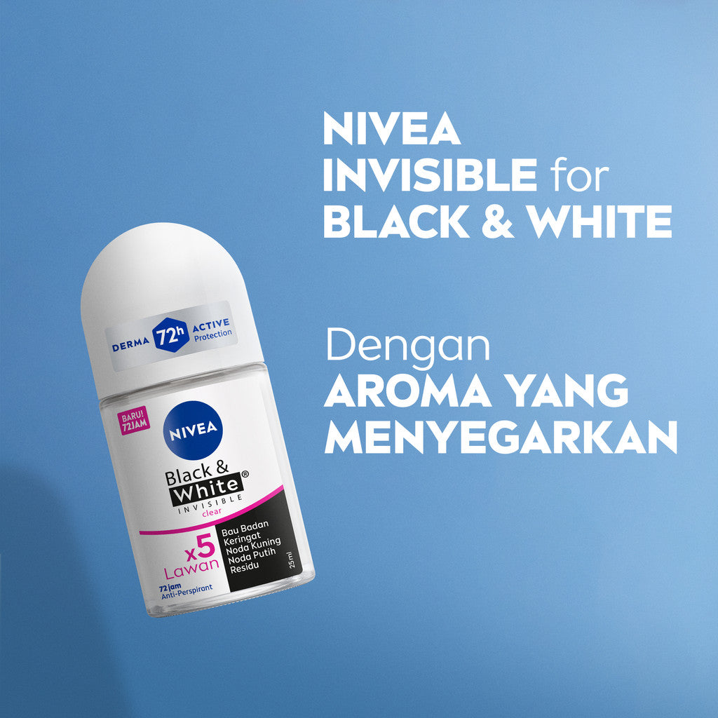 NIVEA Deodorant Roll On Black & White Invisible Original 25ml - Deodoran wanita melawan bau badan tahan keringat anti noda residu dengan wangi segar tahan lama seharian - Antiperspiran, tidak mengandung ethyl alkohol cocok untuk semua jenis kulit