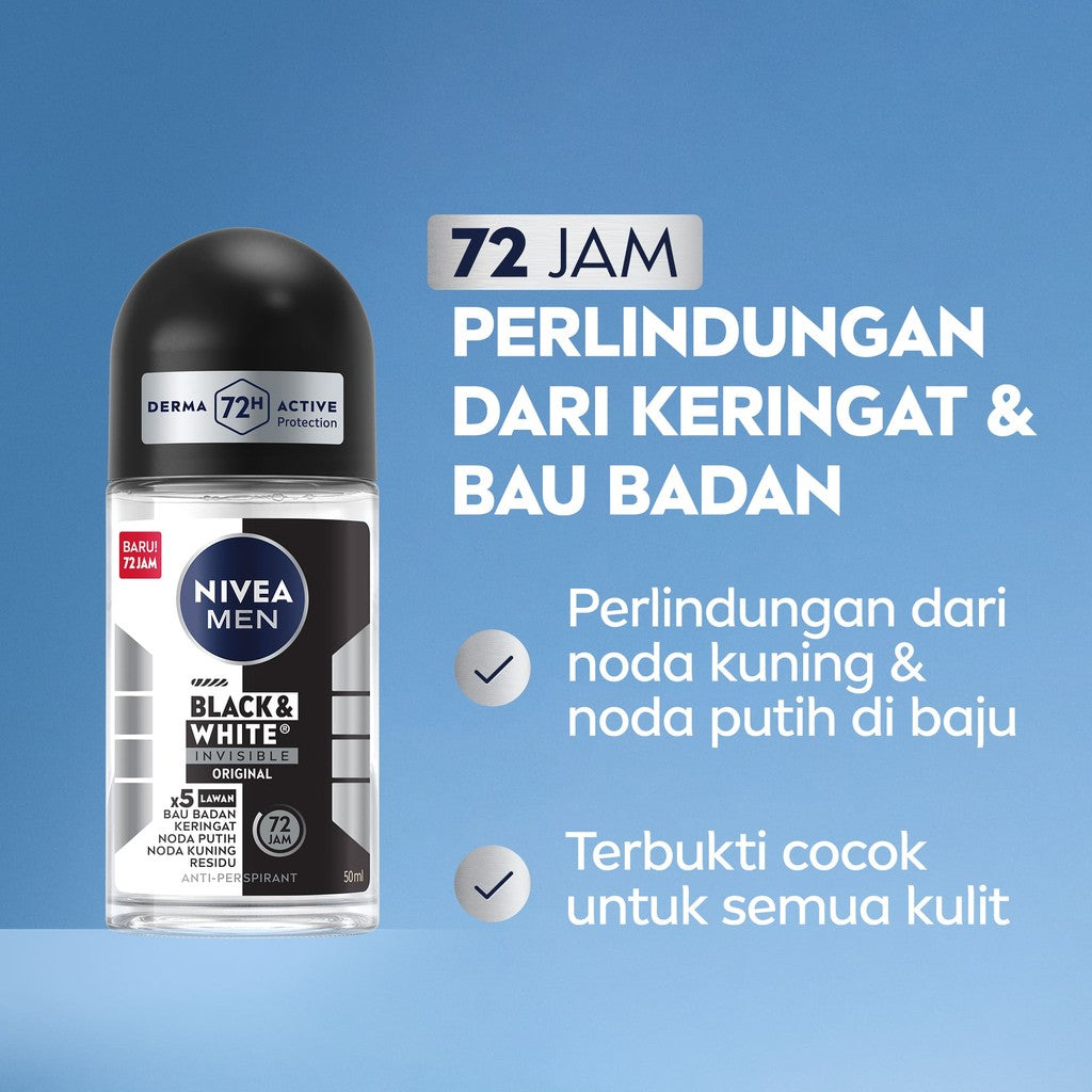 NIVEA MEN Deodorant Roll On Black & White Invisible Original 50ml - Deodoran pria melawan bakteri keringat bau badan dengan teknologi anti noda kuning putih dan residu wangi maskulin segar seharian - Antiperspiran, tidak mengandung ethyl alkohol