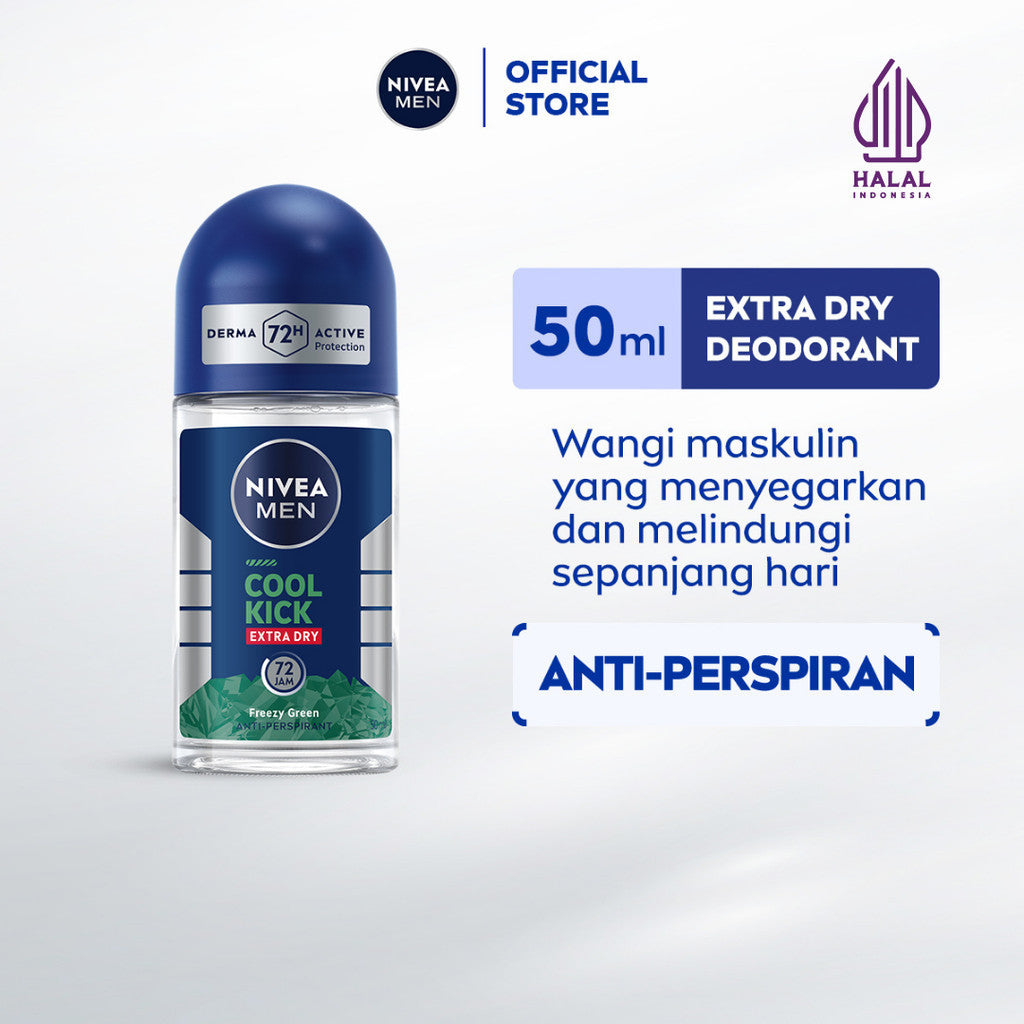 NIVEA MEN Deodorant Roll On Cool Kick Freezy Green 50ml - Deodoran pria perlindungan ekstra kering dari keringat bau badan dengan sensasi dingin menthol wangi maskulin - Antiperspiran, tidak mengandung ethyl alkohol cocok untuk semua jenis kulit