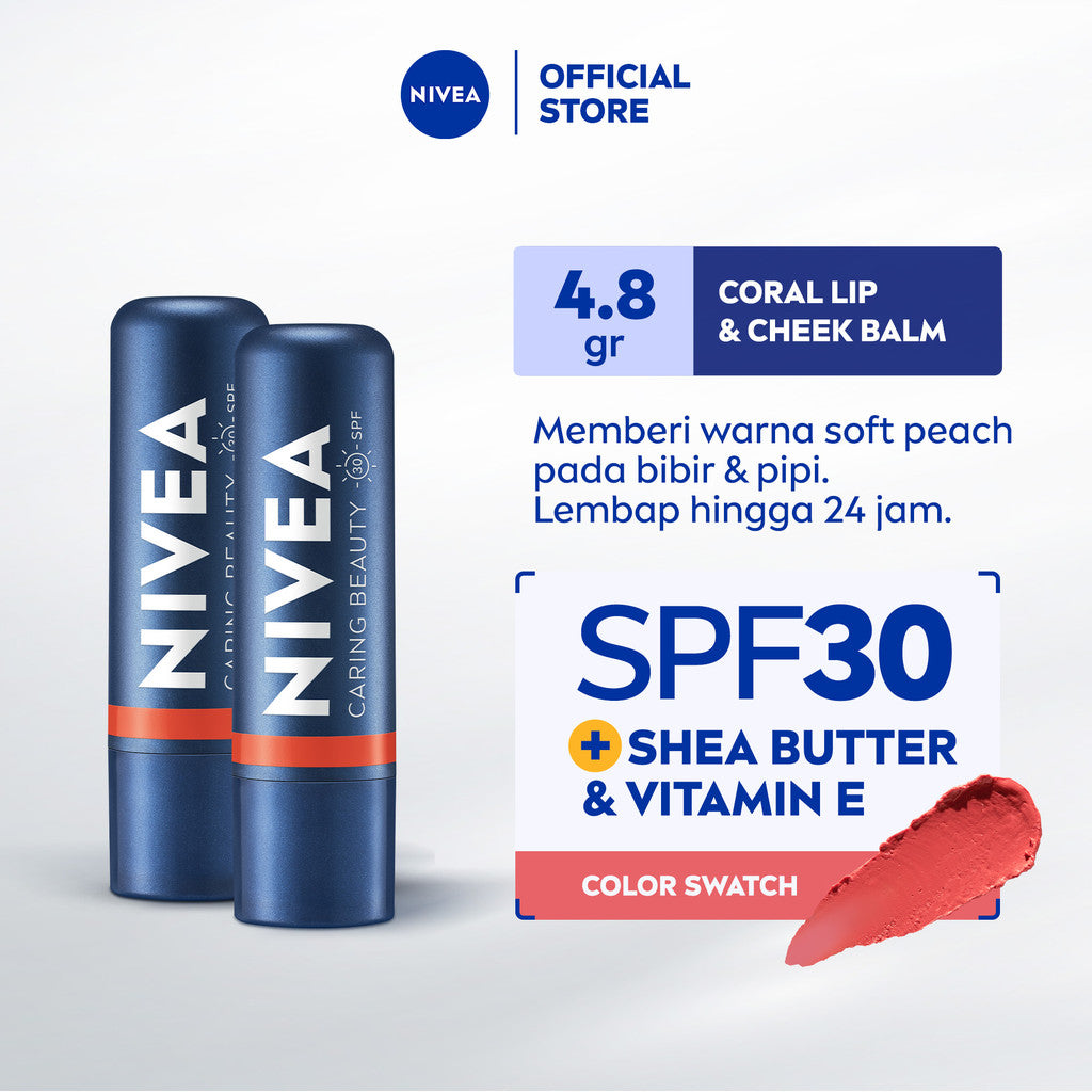 (PAKET HEMAT ISI 2) NIVEA Lip Balm Caring Color Coral 3 in 1 SPF 30 4.8gr - Pelembap bibir warna nude tinted pigmented melembapkan plumpy kering pecah-pecah tahan lama melindungi bibir natural intensif glossy - Vitamin C & E, 3 Natural Oils, Shea Butter
