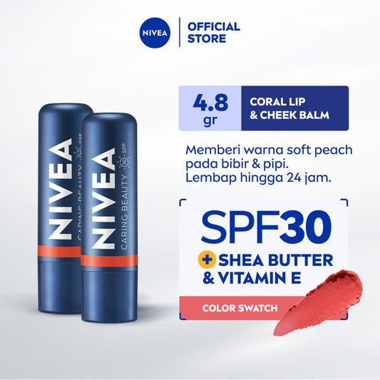 (PAKET HEMAT ISI 2) NIVEA Lip Balm Caring Color Coral 3 in 1 SPF 30 4.8gr - Pelembap bibir warna nude tinted pigmented melembapkan plumpy kering pecah-pecah tahan lama melindungi bibir natural intensif glossy - Vitamin C & E, 3 Natural Oils, Shea Butter