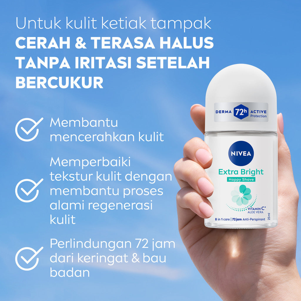 (PAKET HEMAT ISI 4) NIVEA Deodorant Roll On Brightening Happy Shave 25ml - Deodoran wanita mencerahkan mencerahkan brightening ketiak halus mulus mengurangi iritasi setelah bercukur - Vitamin C, Pro-vitamin B5, Aloe vera, 0% alkohol cocok semua kulit