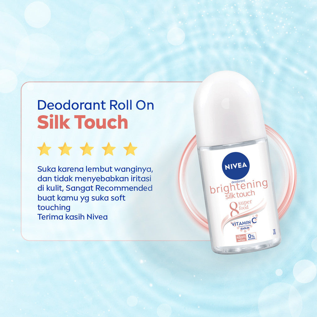 (PAKET HEMAT ISI 3) NIVEA Deodorant Roll On Brightening Silk Touch 50ml - Deodoran wanita mencerahkan brightening menutrisi kulit ketiak halus lembut dan cerah dengan wangi segar seharian - Vitamin C, Kaolin, 0% alkohol cocok untuk semua jenis kulit