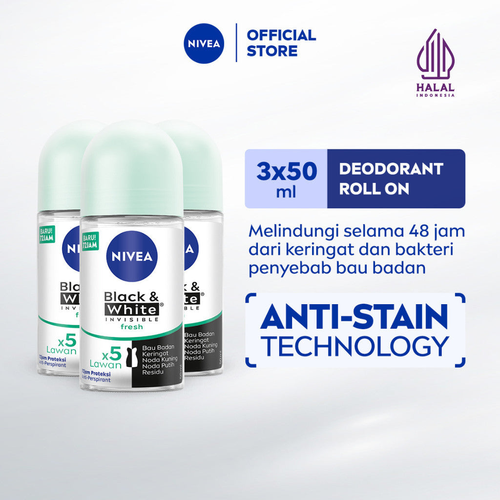(PAKET HEMAT ISI 3) NIVEA Deodorant Roll On Black & White Invisible Fresh 50ml - Deodoran wanita melawan bau badan tahan keringat anti noda residu dengan wangi tahan lama seharian - Antiperspiran, tidak mengandung ethyl alkohol cocok semua jenis kulit