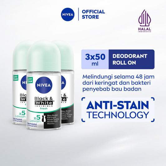 (PAKET HEMAT ISI 3) NIVEA Deodorant Roll On Black & White Invisible Fresh 50ml - Deodoran wanita melawan bau badan tahan keringat anti noda residu dengan wangi tahan lama seharian - Antiperspiran, tidak mengandung ethyl alkohol cocok semua jenis kulit