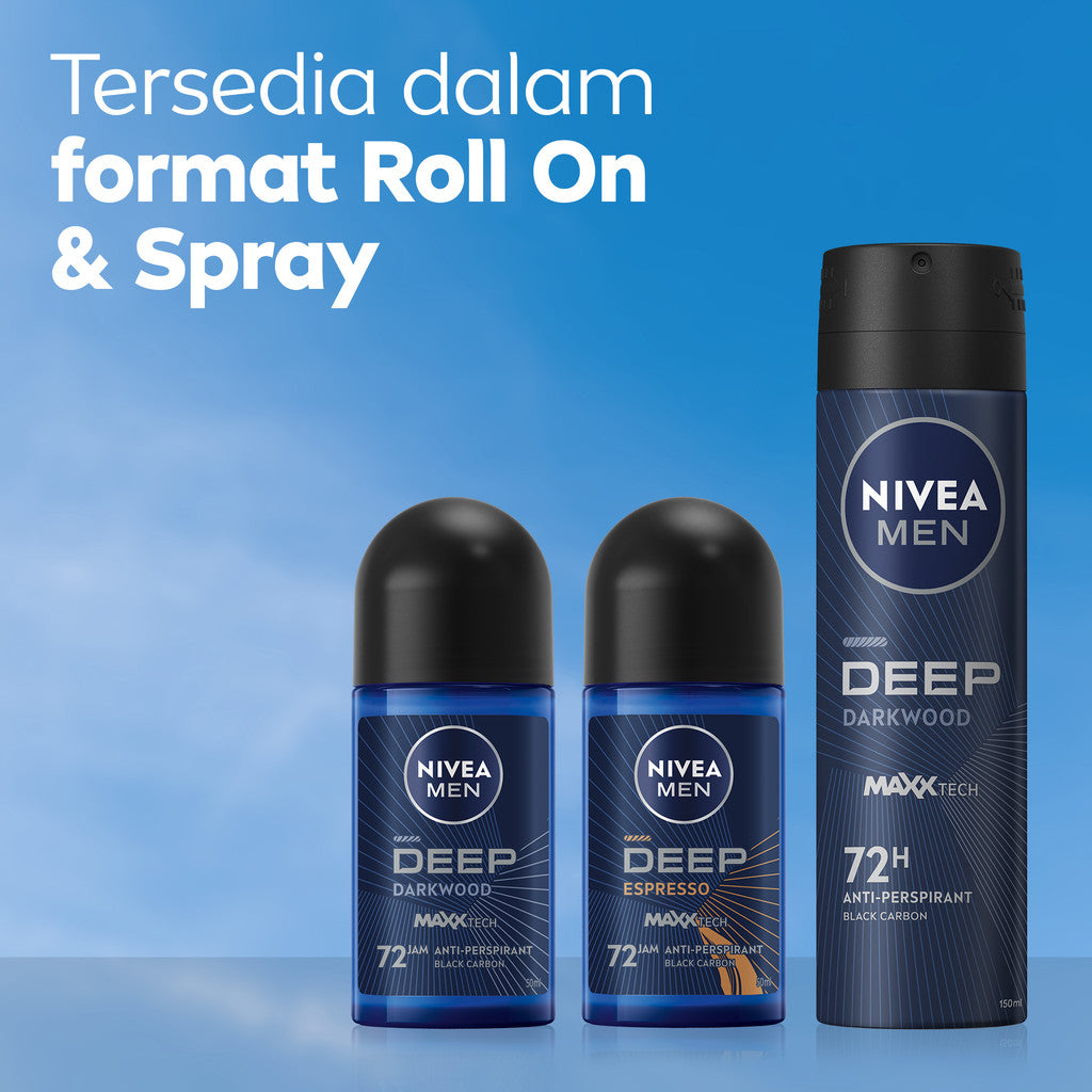 (PAKET HEMAT ISI 4) NIVEA MEN Deodorant Roll On Deep Darkwood 25ml - Deodoran pria melawan bakteri keringat bau badan dengan wangi parfum premium maskulin blackwood menjaga ketiak kering tahan lama seharian - Antiperspiran, Black charcoal