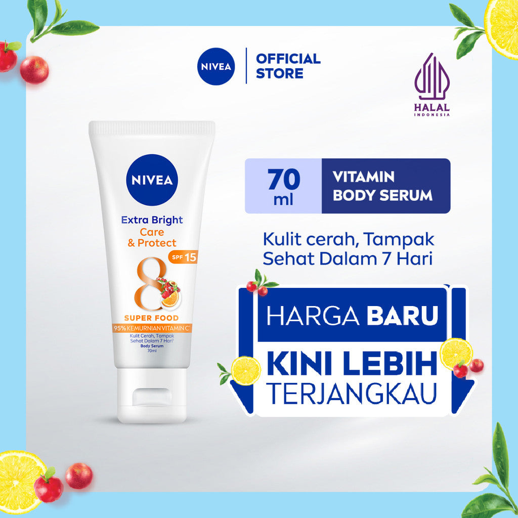 NIVEA Body Serum Extra Bright Care & Protect SPF 15 70ml - Hand body serum lotion moisturizer mencerahkan kulit kusam badan glowing brightening tone up melembabkan kering SPF UV matahari sunscreen - 95% Vitamin C, Grapeseed Oil, 8 Super food