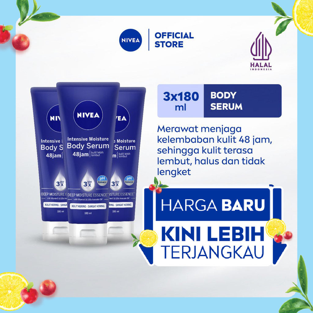 (PAKET HEMAT ISI 3) NIVEA Body Serum Intensive Moisture 180ml - Hand body serum lotion mositurizer 48 jam body care kulit kering kasar bersisik pecah-pecah memperbaiki skin barrier pelembab kulit lembut - Vitamin E, Grapeseed oil, Avocado oil, Hydra IQ