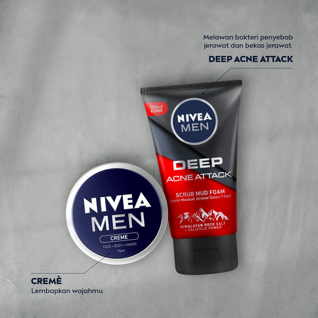 (PAKET HEMAT ISI 2) NIVEA MEN Facial Foam Deep Acne Oil Clear Face Scrub 100ml - Sabun cuci muka pria wajah membersihkan bakteri penyebab jerawat komedo kontrol kulit berminyak mengecilkan pori dan angkat sel kulit mati - Himalayan Salt, Salicylic Acid