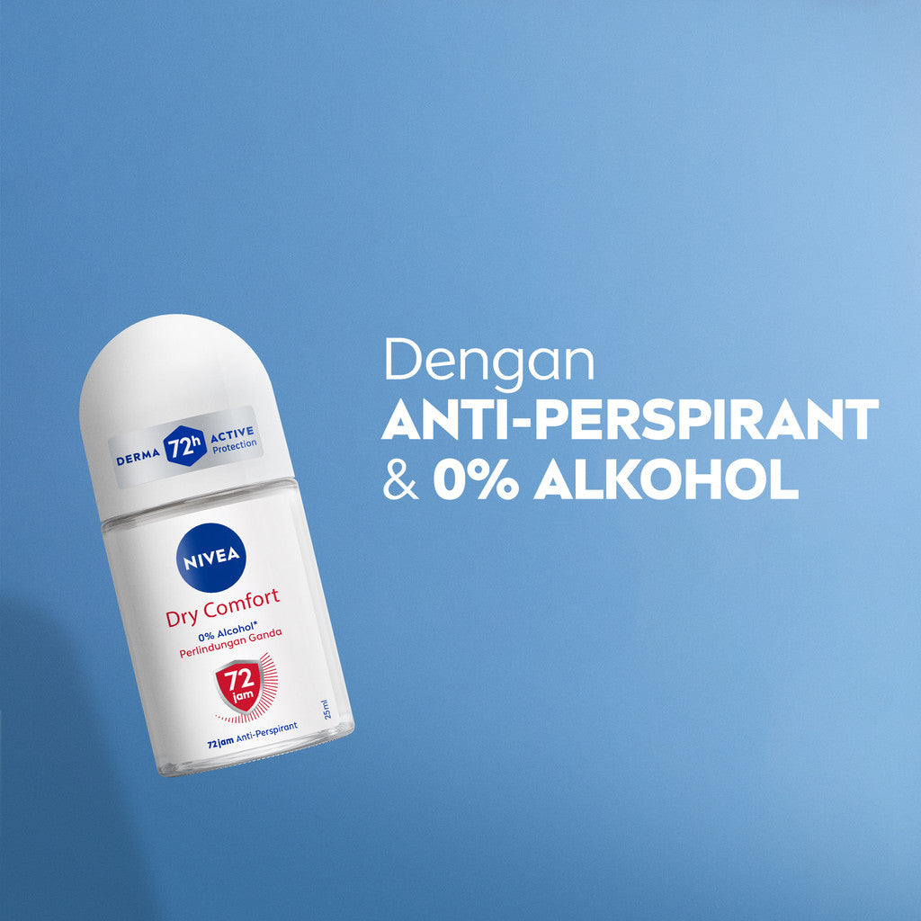 NIVEA Deodorant Roll On Dry Comfort 25ml - Deodoran wanita kering mengontrol minyak anti bau keringat dan bakteri dengan aroma lembut segar tahan lama seharian - Antiperspiran, tidak mengandung ethyl alkohol cocok untuk semua jenis kulit