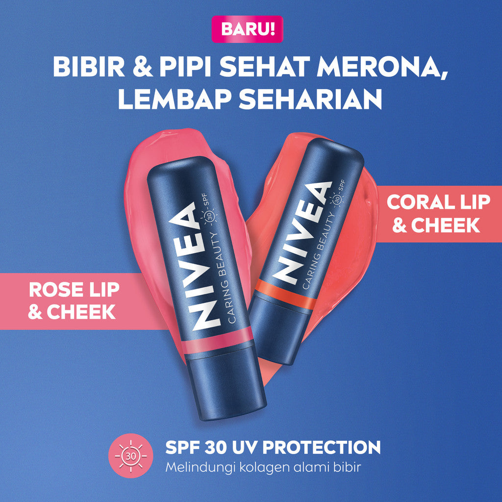 NIVEA Lip Balm Caring Color Rose 3 in 1 SPF 30 4.8gr - Pelembap bibir warna pink tinted pigmented melembabkan plumpy kering pecah-pecah tahan lama melindungi bibir natural intensif lembap glossy - Vitamin C & E, 3 Natural Oils, Shea Butter