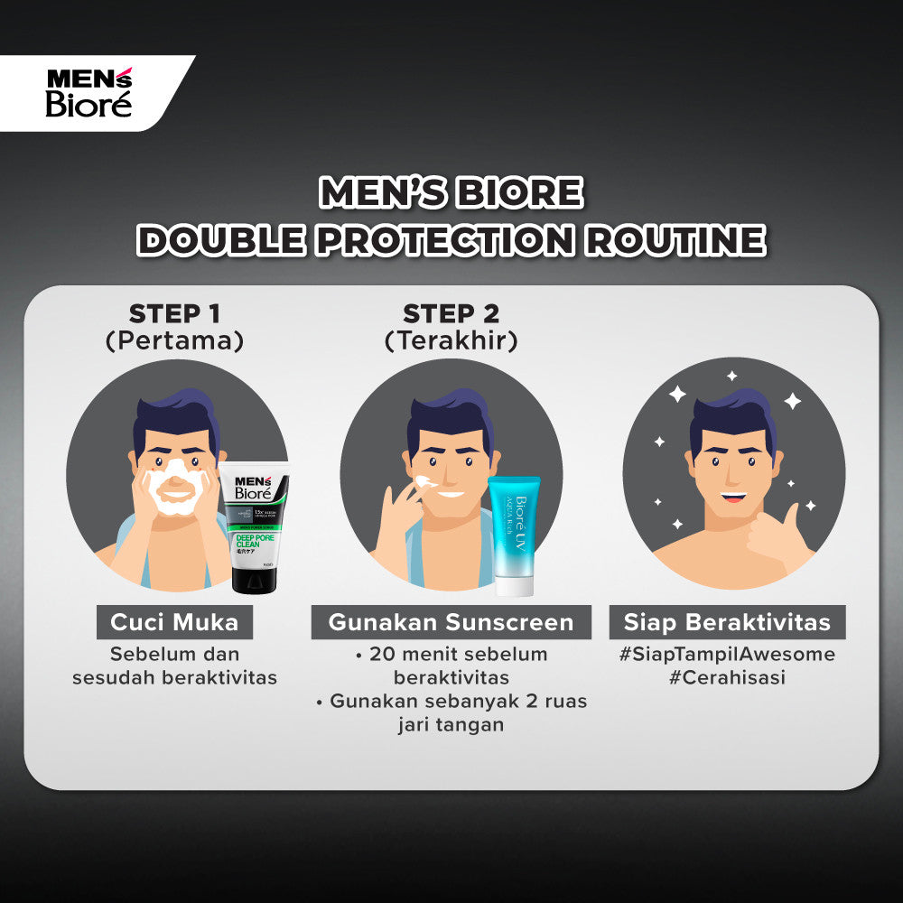 [Double Protection Kit] Men's Biore Double Scrub Sabun Muka Pria Deep Fresh 100 gr + UV Aqua Rich Sunscreen Watery Essence 15 gr