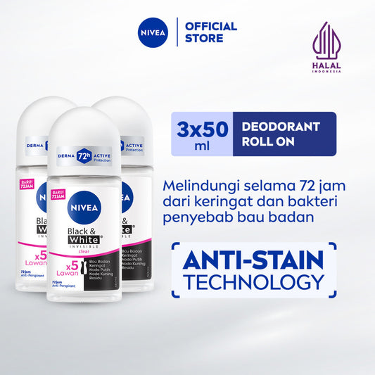 (PAKET HEMAT ISI 3) NIVEA Deodorant Roll On Black & White Invisible Original 50ml - Deodoran wanita melawan bau badan tahan keringat anti noda residu dengan wangi tahan lama seharian - Antiperspiran, tidak mengandung ethyl alkohol cocok semua jenis kulit