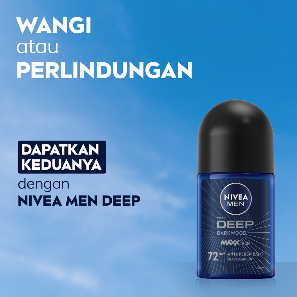 (PAKET HEMAT ISI 4) NIVEA MEN Deodorant Roll On Deep Darkwood 25ml - Deodoran pria melawan bakteri keringat bau badan dengan wangi parfum premium maskulin blackwood menjaga ketiak kering tahan lama seharian - Antiperspiran, Black charcoal