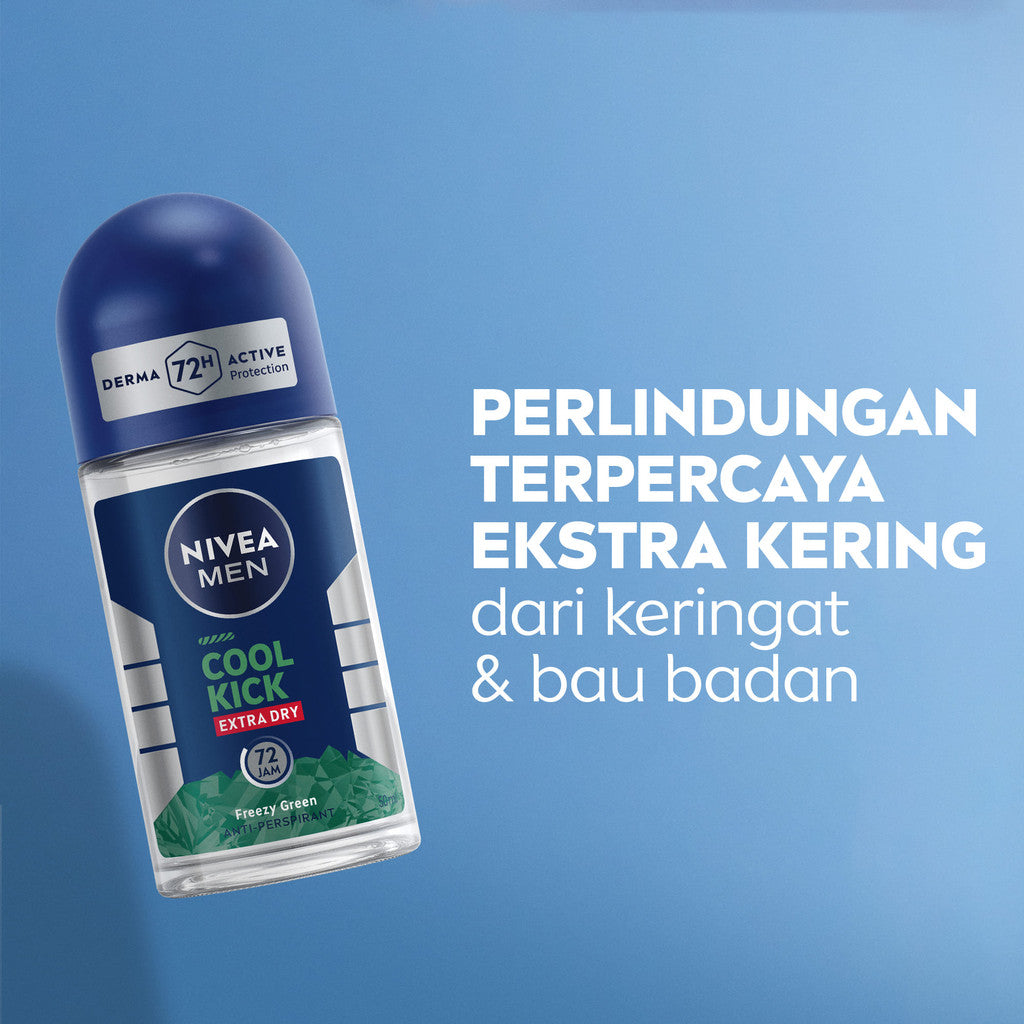 (PAKET HEMAT ISI 3) NIVEA MEN Deodorant Roll On Cool Kick Freezy Green 50ml - Deodoran pria perlindungan ekstra kering dari keringat bau badan sensasi dingin menthol wangi maskulin - Antiperspiran, tidak mengandung ethyl alkohol cocok semua jenis kulit