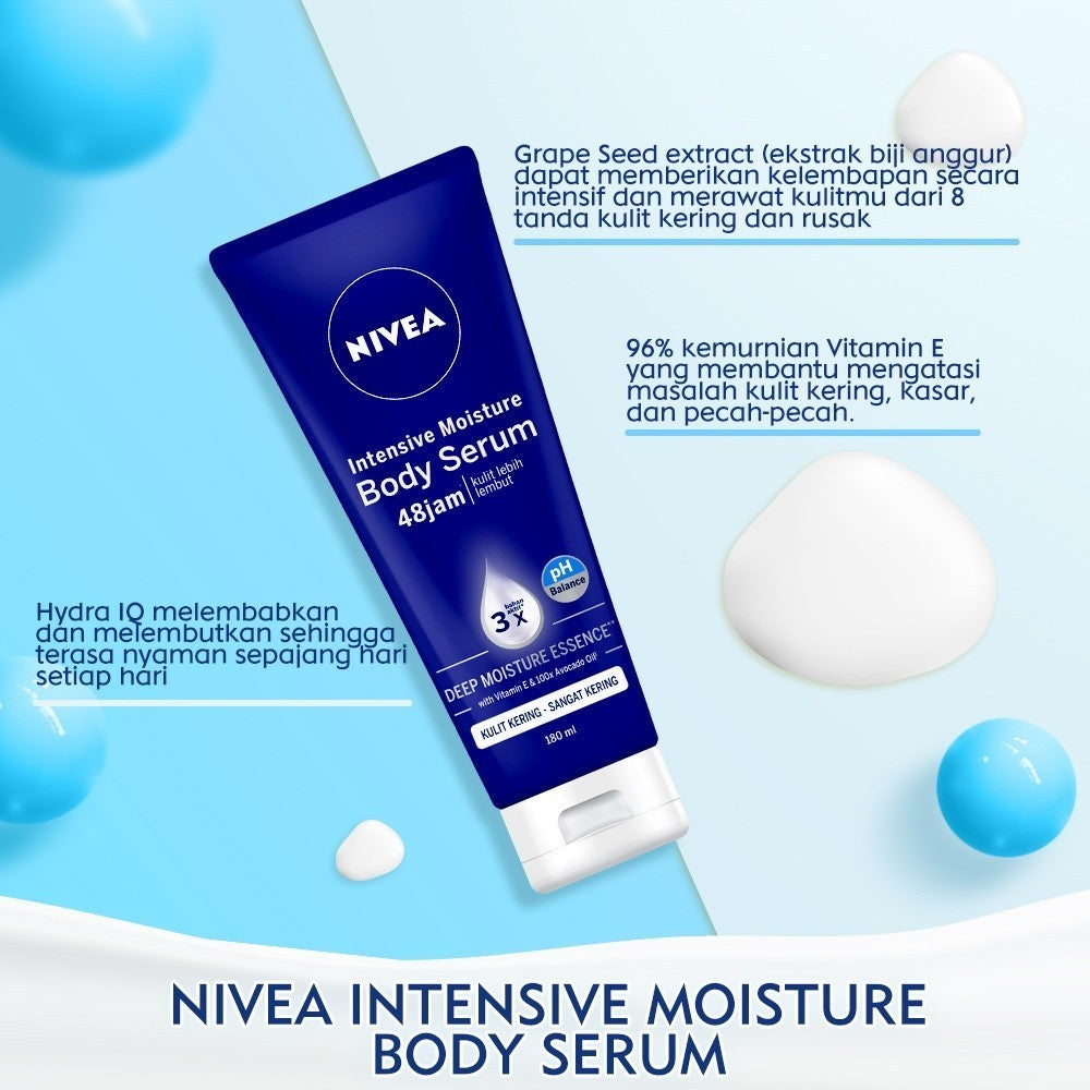 (PAKET HEMAT ISI 3) NIVEA Body Serum Intensive Moisture 180ml - Hand body serum lotion mositurizer 48 jam body care kulit kering kasar bersisik pecah-pecah memperbaiki skin barrier pelembab kulit lembut - Vitamin E, Grapeseed oil, Avocado oil, Hydra IQ