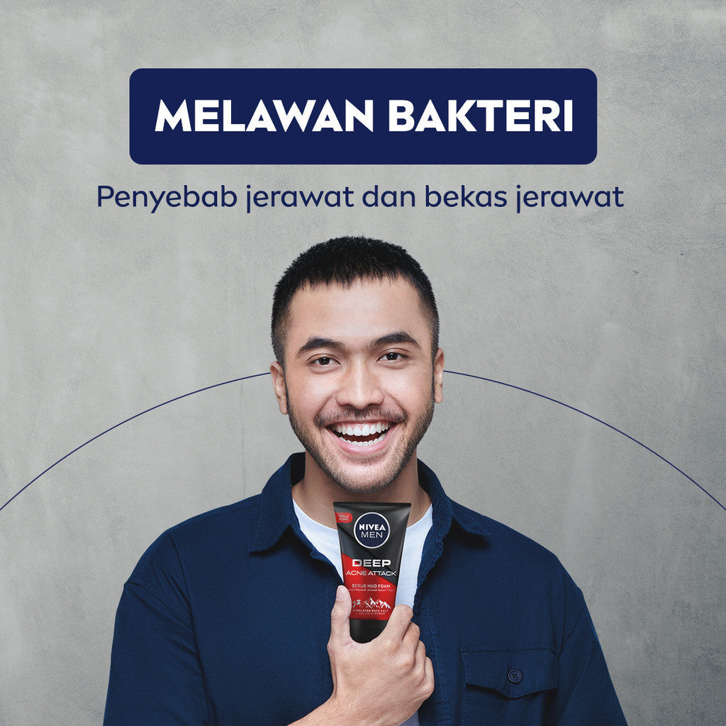(PAKET HEMAT ISI 3) NIVEA MEN Facial Foam Deep Acne Oil Clear Face Scrub 100ml - Sabun cuci muka pria wajah membersihkan bakteri penyebab jerawat komedo kontrol kulit berminyak mengecilkan pori dan angkat sel kulit mati - Himalayan Salt, Salicylic Acid