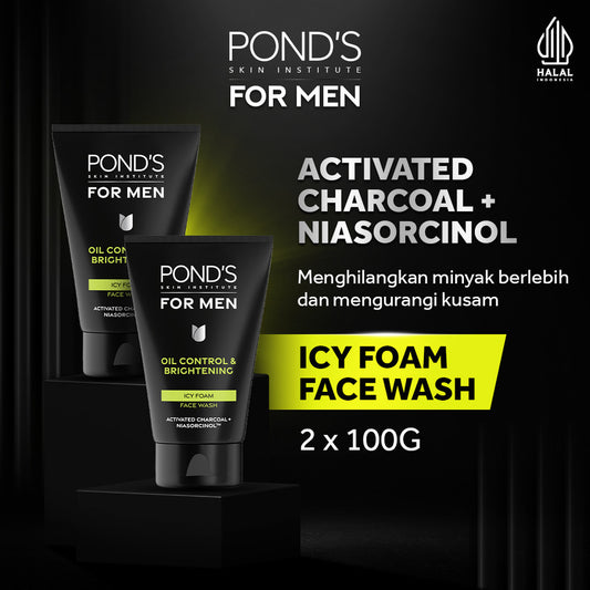 POND’S Skin Institute for Men Oil Control & Brightening ICY FOAM 100g- FACIAL WASH Pria Melawan Jerawat dan Mengontrol Minyak Berlebih Twinpack
