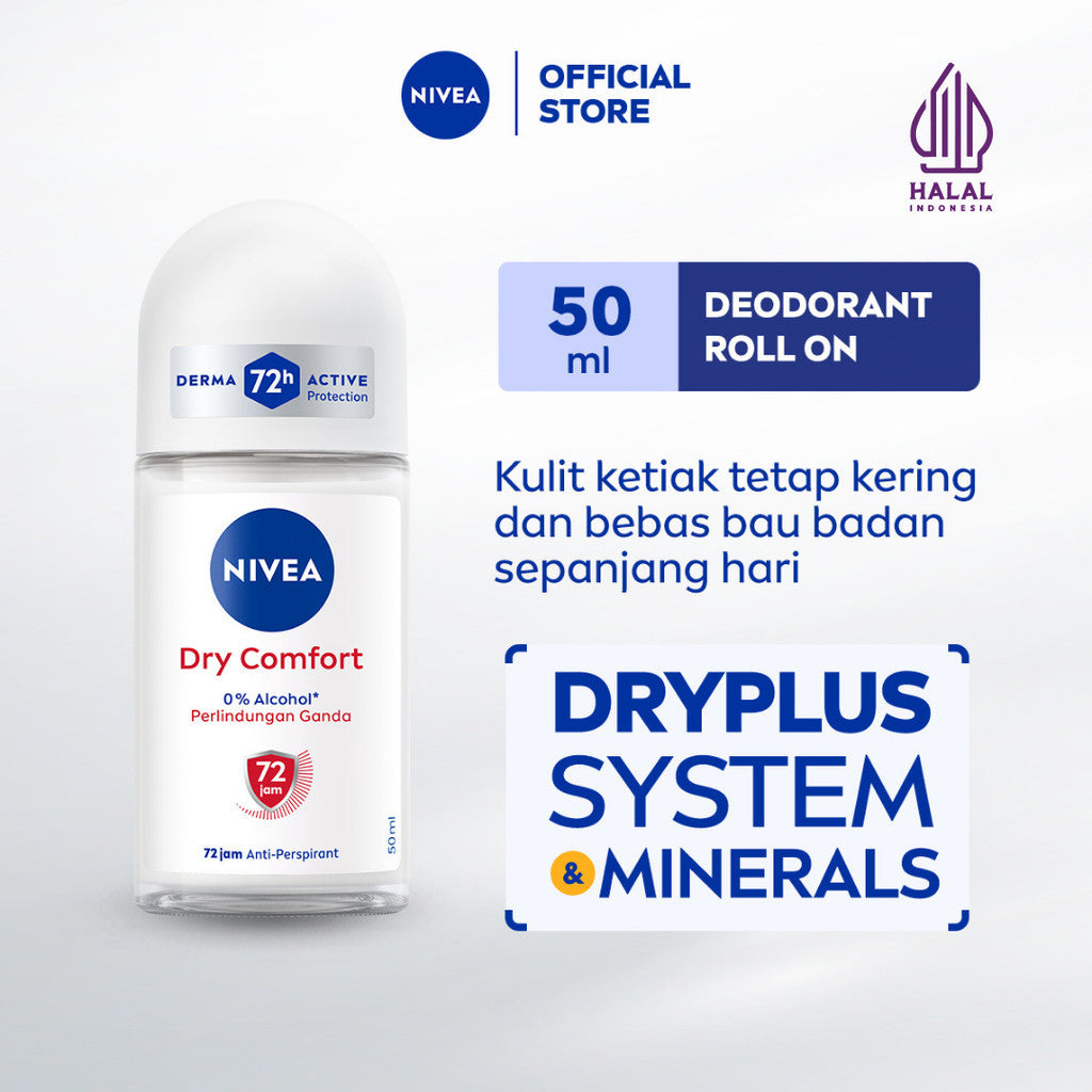 NIVEA Deodorant Roll On Dry Comfort 50ml - Deodoran wanita kering mengontrol minyak anti bau keringat dan bakteri dengan aroma lembut segar tahan lama seharian - Antiperspiran, tidak mengandung ethyl alkohol cocok untuk semua jenis kulit