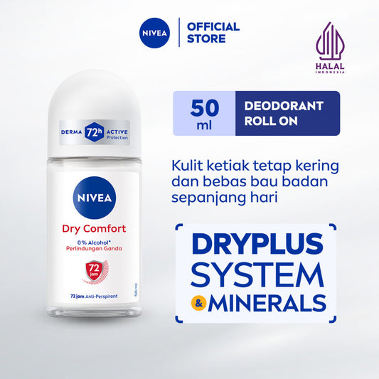 NIVEA Deodorant Roll On Dry Comfort 50ml - Deodoran wanita kering mengontrol minyak anti bau keringat dan bakteri dengan aroma lembut segar tahan lama seharian - Antiperspiran, tidak mengandung ethyl alkohol cocok untuk semua jenis kulit