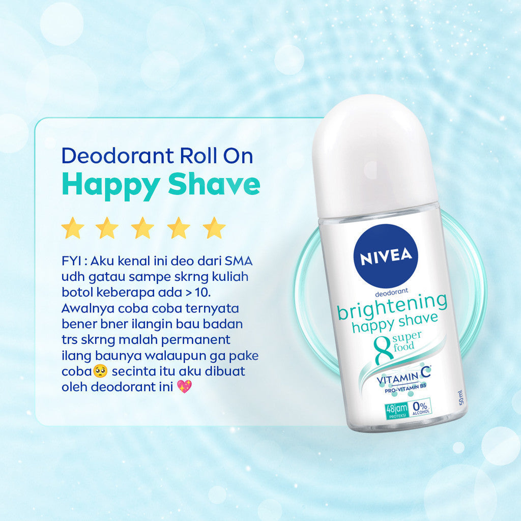 NIVEA Deodorant Roll On Brightening Happy Shave 25ml - Deodoran wanita mencerahkan mencerahkan brightening ketiak halus mulus mengurangi iritasi setelah bercukur - Vitamin C, Pro-vitamin B5, Aloe vera, 0% alkohol cocok semua jenis kulit