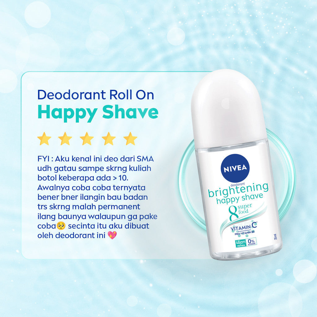 NIVEA Deodorant Roll On Brightening Happy Shave 50ml - Deodoran wanita mencerahkan mencerahkan brightening ketiak halus mulus mengurangi iritasi setelah bercukur - Vitamin C, Pro-vitamin B5, Aloe vera, 0% alkohol cocok semua jenis kulit