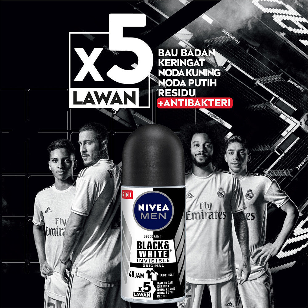 NIVEA MEN Deodorant Roll On Black & White Invisible Original 25ml - Deodoran pria melawan bakteri keringat bau badan dengan teknologi anti noda kuning putih dan residu wangi maskulin segar seharian - Antiperspiran, tidak mengandung ethyl alkohol