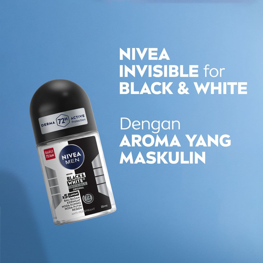 NIVEA MEN Deodorant Roll On Black & White Invisible Original 25ml - Deodoran pria melawan bakteri keringat bau badan dengan teknologi anti noda kuning putih dan residu wangi maskulin segar seharian - Antiperspiran, tidak mengandung ethyl alkohol