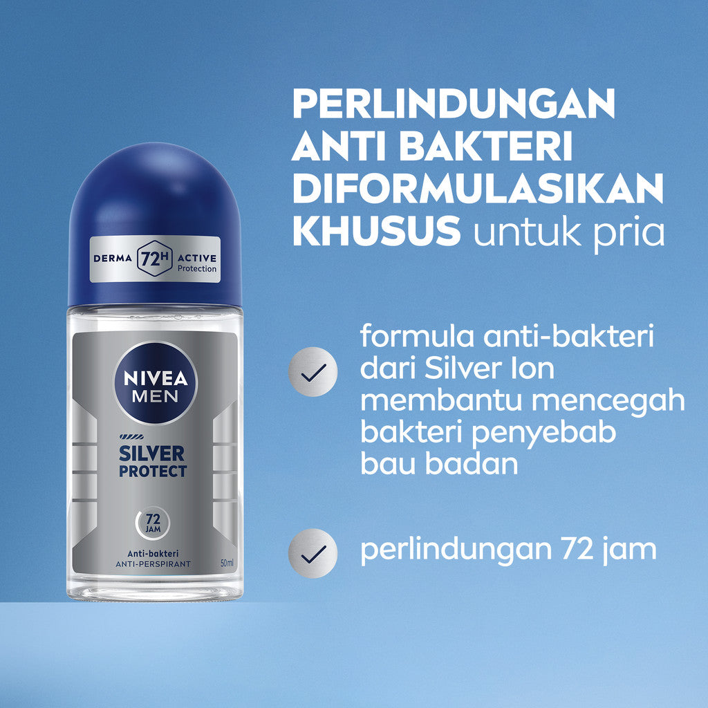 NIVEA MEN Deodorant Roll On Silver Protect 50ml - Deodoran pria anti bakteri antiperspirant anti noda baju wangi segar ketiak kering tahan lama seharian tahan keringat anti bau - Antiperspiran, tidak mengandung ethyl alkohol